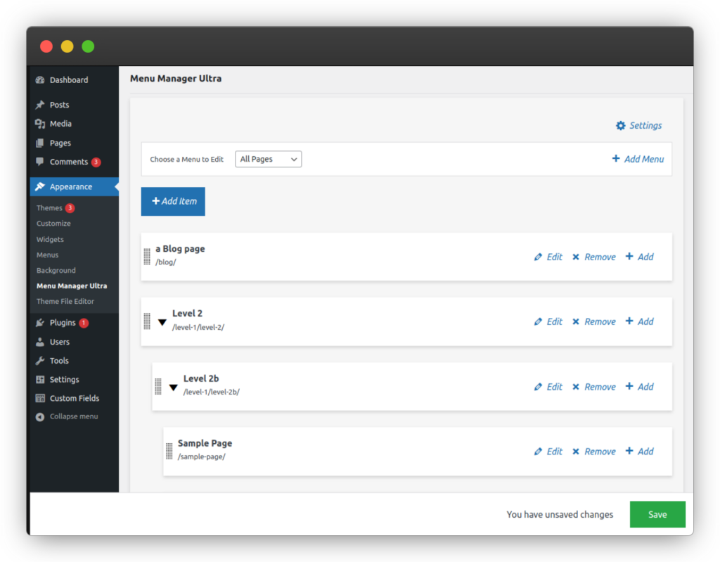 screenshot of the Menu Manager Ultra plugin for WordPress, showing how to manage a large menu